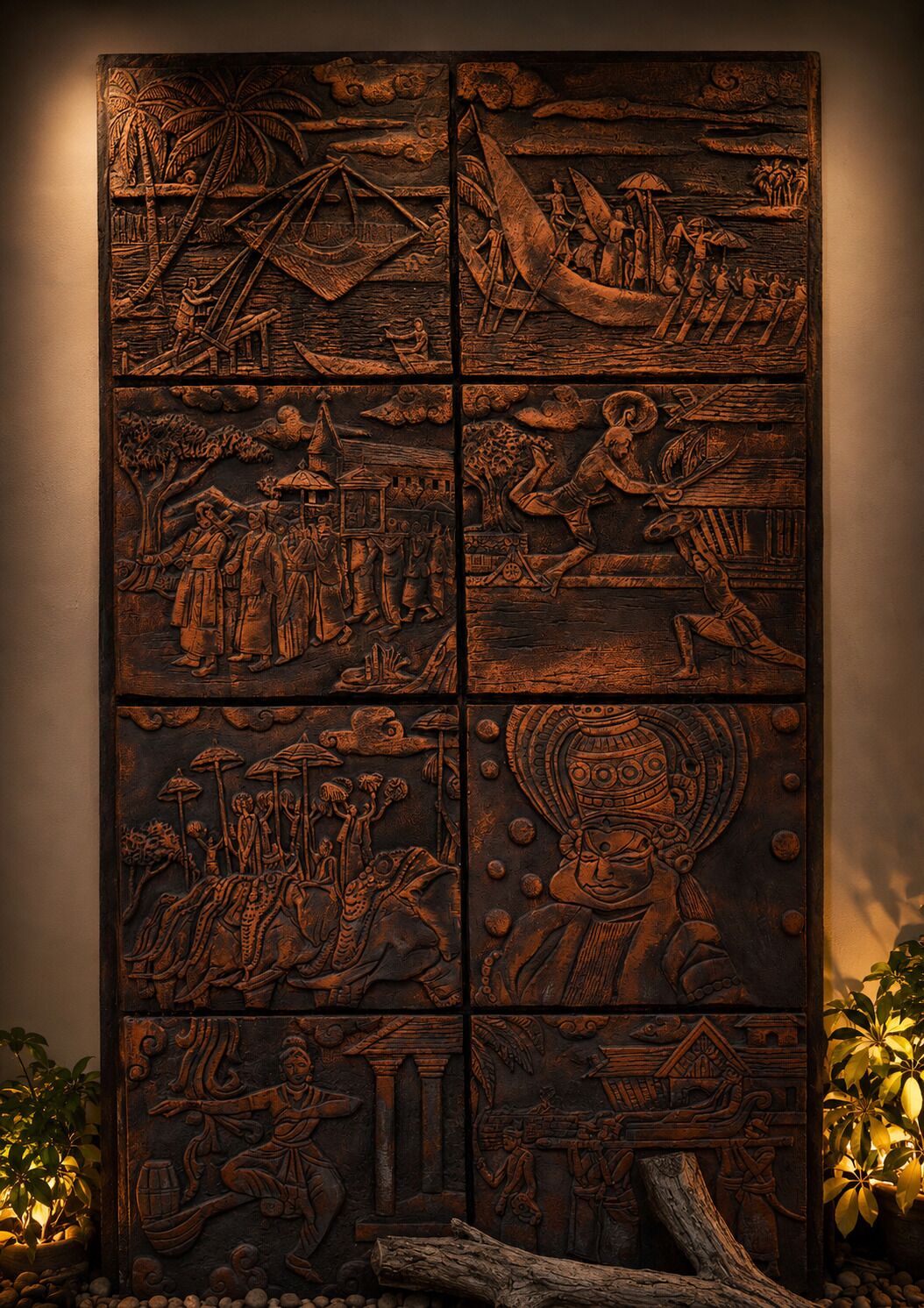 Un detallado panel de madera con escenas talladas que representan diversas actividades culturales e históricas.