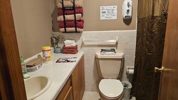 Hair dryer, towels, soap, toilet paper