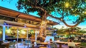 Een buitenterras met tafels en stoelen, een grote boom met verlichting, en een uitzicht op het interieur van het restaurant.