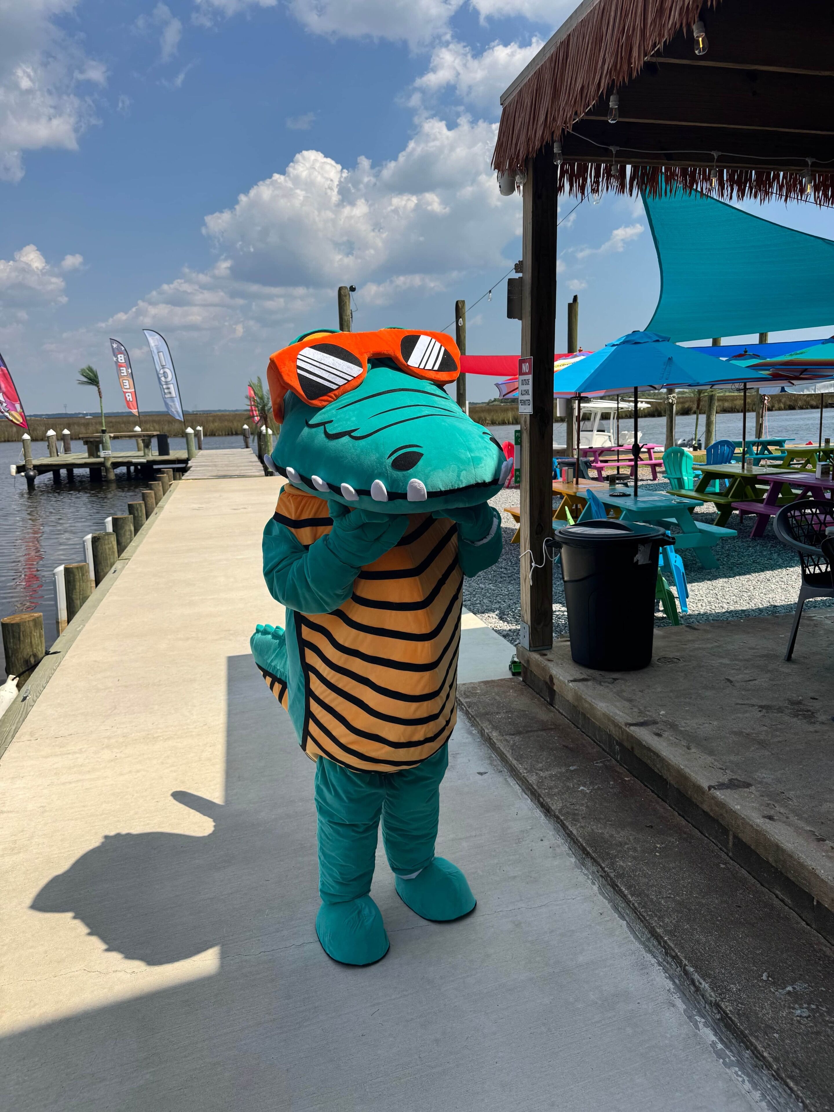A person in a green and orange crocodile costume standing on a dock with a water body in the background.