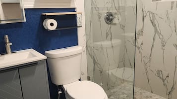 Douche, séchoir à cheveux, serviettes fournies, savon