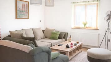 Family House, Multiple Bedrooms, 2 Bathrooms (Green View Holiday Home With Pool) | Living area | 21-inch Smart TV with digital channels, fireplace, video game console