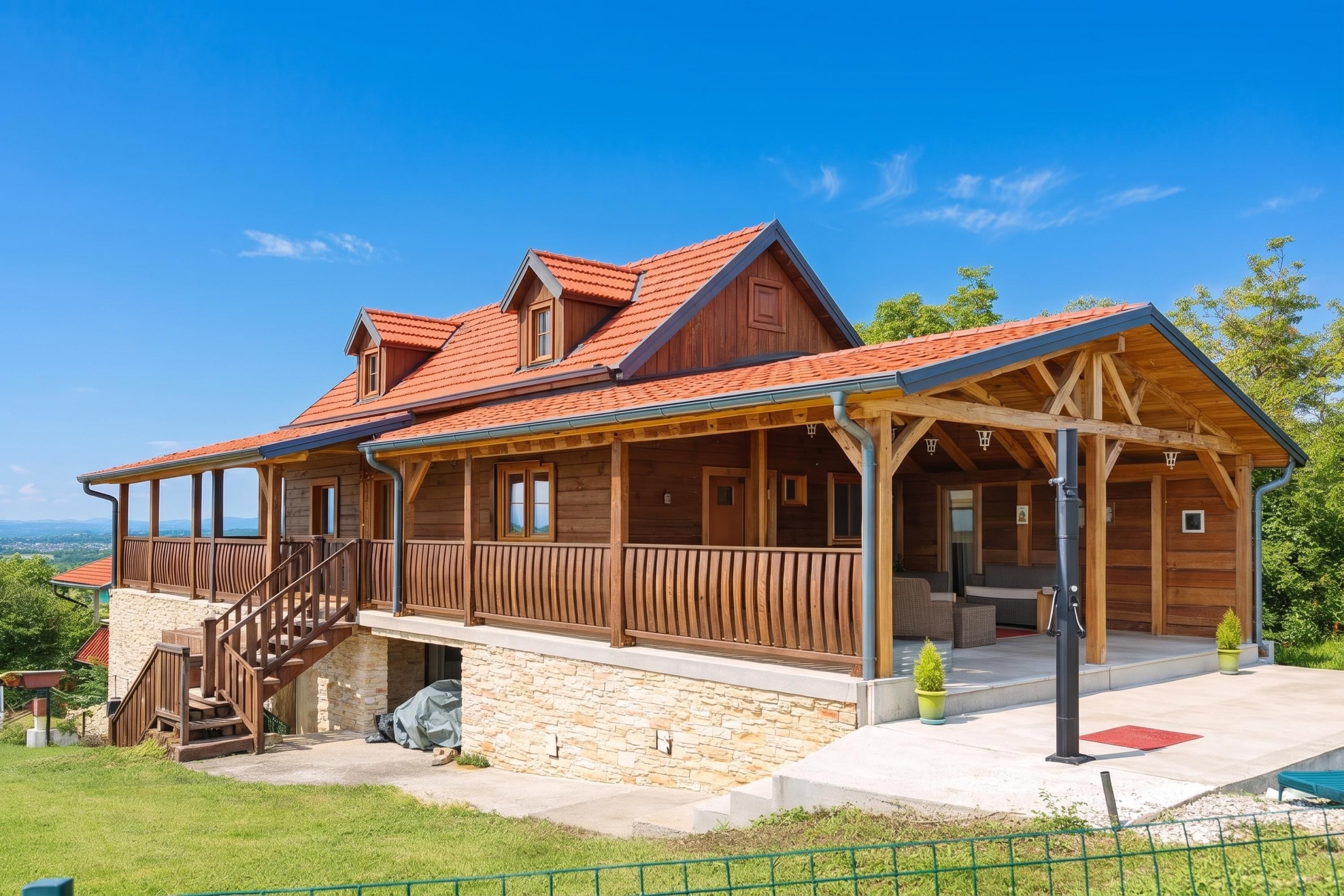 Una casa de madera con balcón, base de piedra y techo rojo.