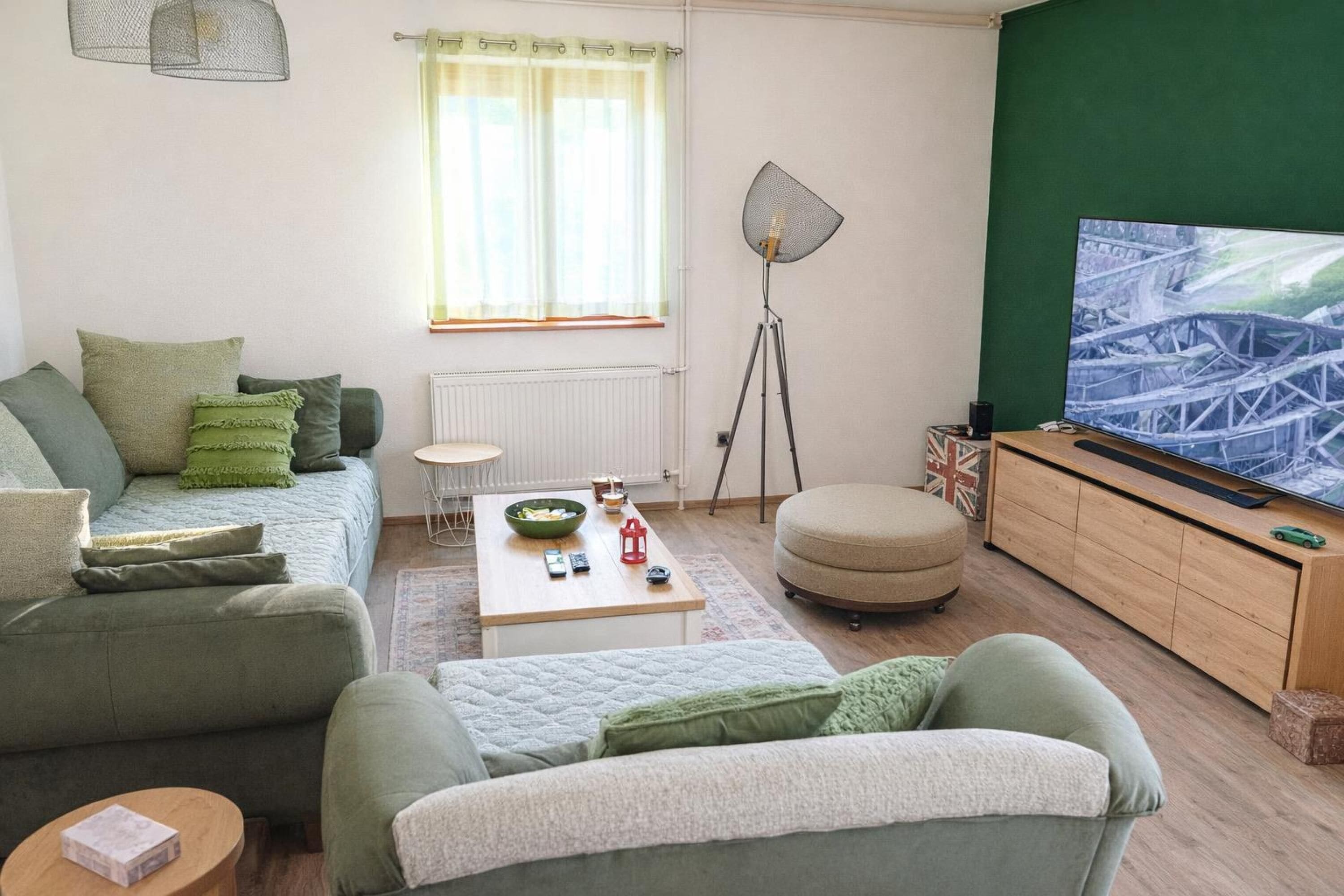 Family House, Multiple Bedrooms, 2 Bathrooms (Green View Holiday Home With Pool) | Living area | 21-inch Smart TV with digital channels, fireplace, video game console