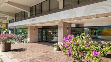 A hotel entrance with a covered walkway, glass doors, and potted plants.