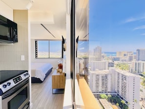 Desk, iron/ironing board, WiFi - Modern 37th Floor Corner Studio with Ocean & Diamond Head Views (Honolulu)
