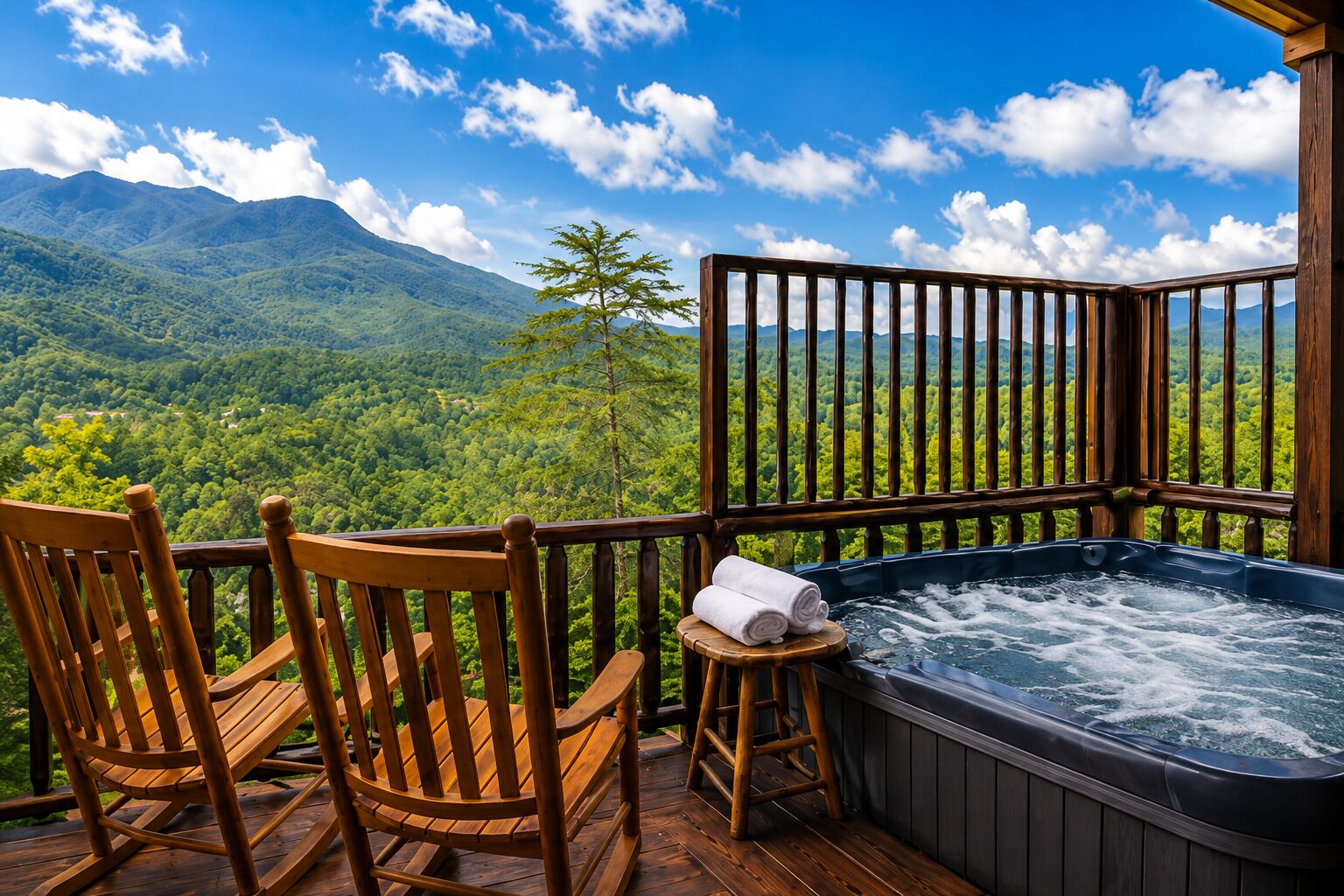 Une terrasse en bois avec un jacuzzi et des chaises, offrant une vue sur un paysage montagneux.