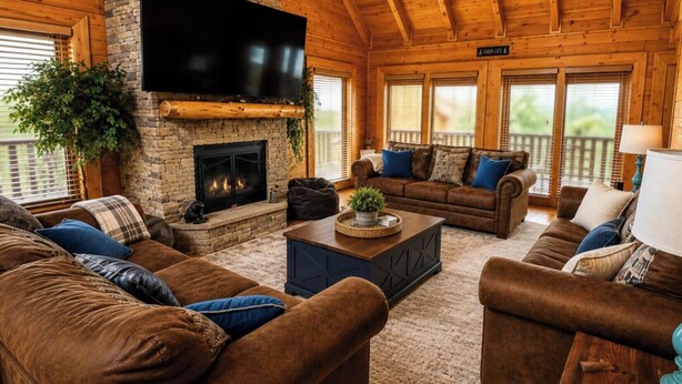 L’intérieur d’un chalet avec une cheminée, un téléviseur fixé au mur et un panneau indiquant « Vie au chalet ».