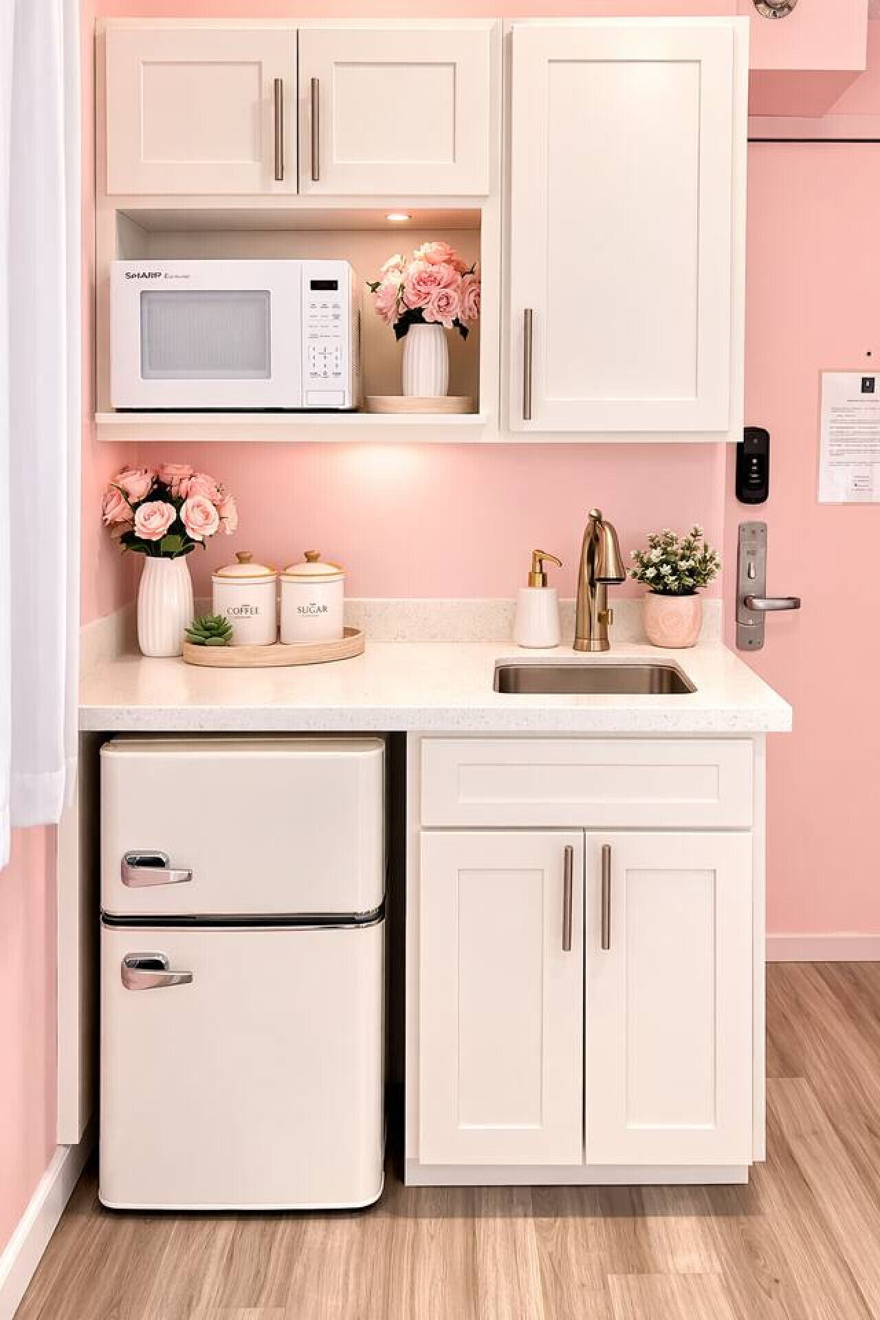 A kitchen with a microwave, sink, and cabinets.