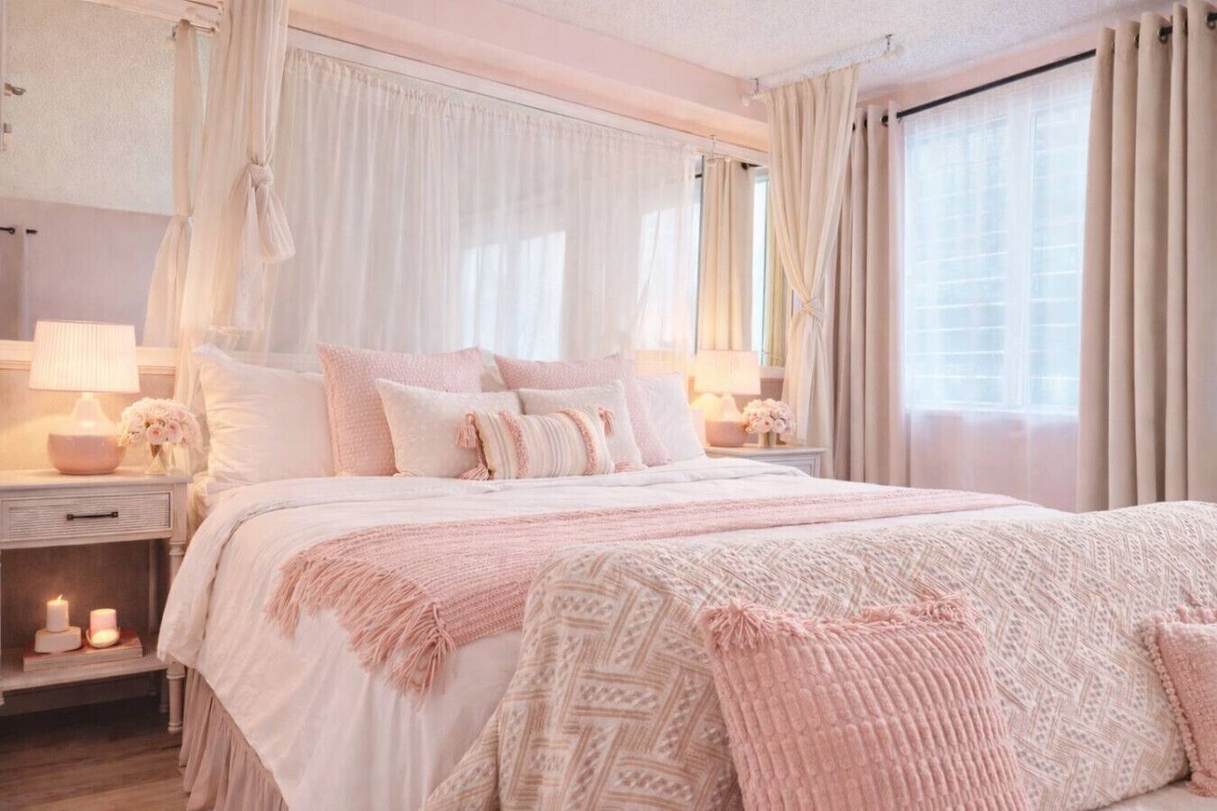 A bedroom with a large bed, bedside tables, a nightstand, and a window with curtains.
