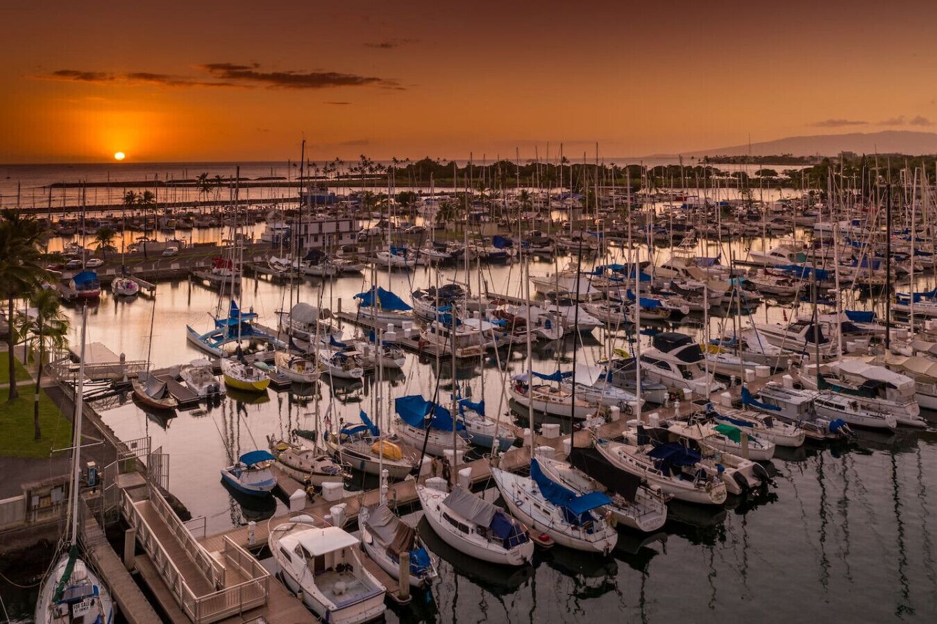 A marina with numerous boats docked, a bridge in the background, and a sunset.