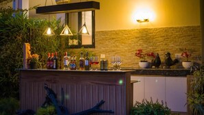 Een bar met een houten toonbank, flessen, glazen en decoratieve elementen.