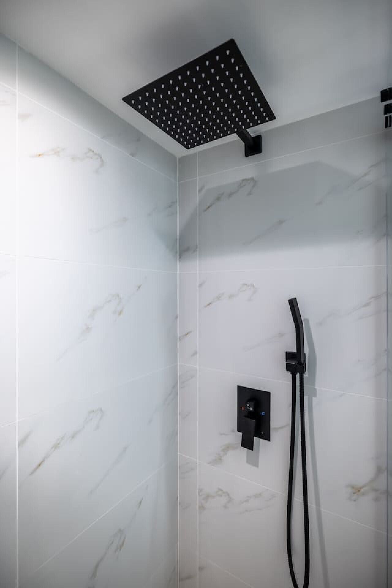 Eine moderne Dusche mit einem quadratischen Deckenstrahler und einer Handbrause.