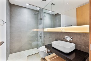 Shower, hair dryer, towels, toilet paper