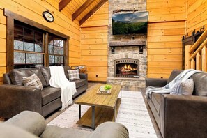 TV, fireplace - Luxury Chalet Retreat with Prime Location, Hot Tub, Pond (Sevierville)