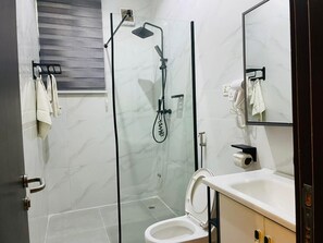 A modern bathroom with a glass-enclosed shower, a toilet, and a sink with a mirror. - Rhino suite Yola (Jimeta)