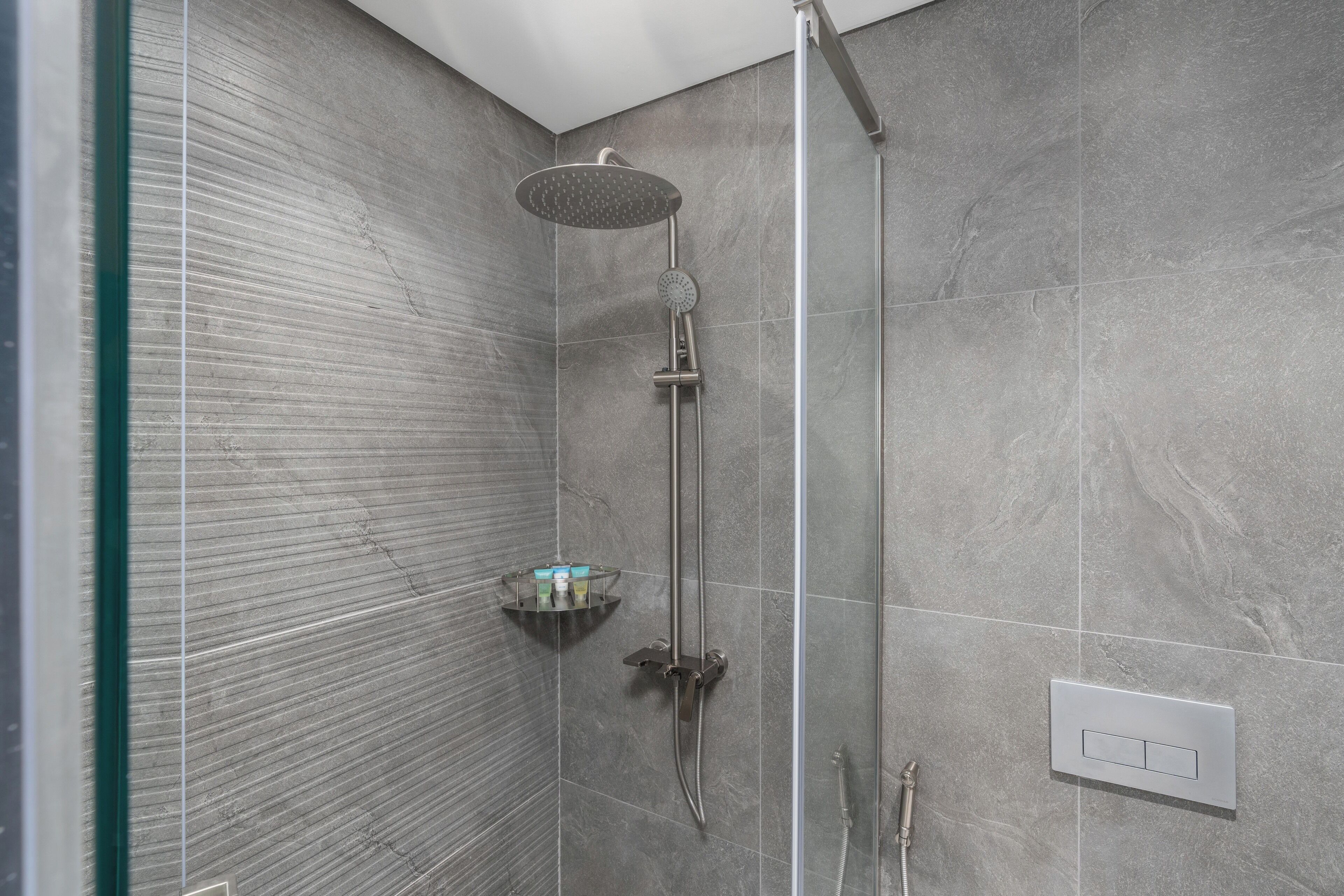 Shower, free toiletries, hair dryer, slippers