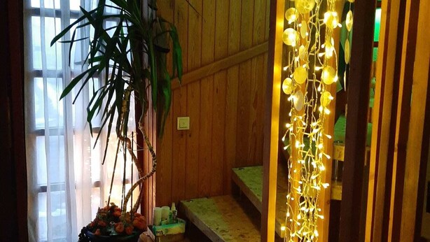 Een houten interieur met een trap, een potplant en een lichtslingering.