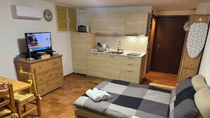 Een compacte leefruimte met een bed, een houten dressoir, een kleine kitchenette en een televisie.