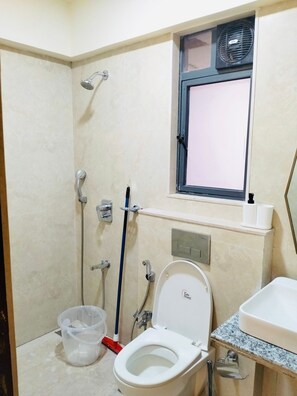 Ducha, toallas, jabón, shampoo