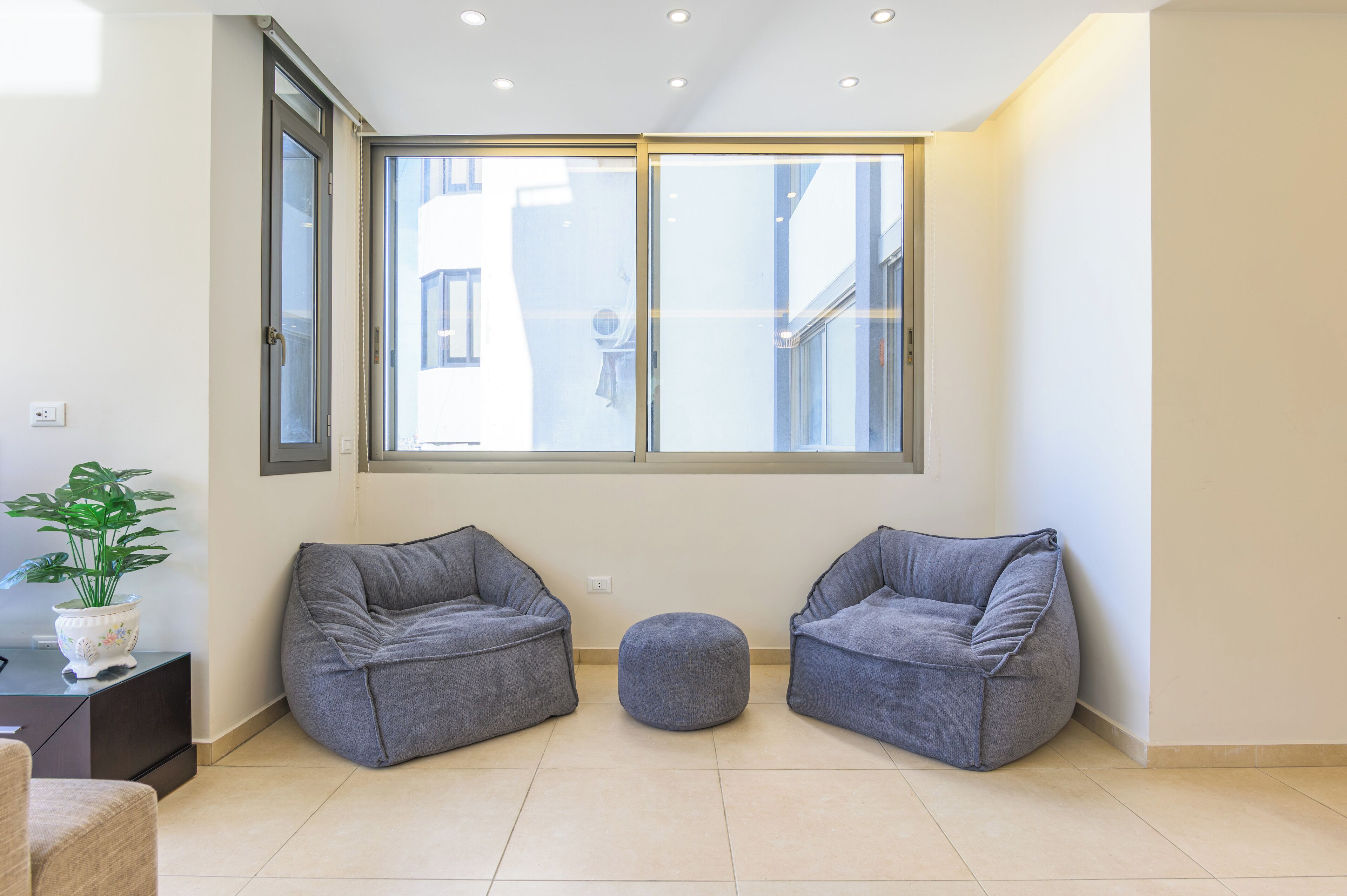 A modern living room with two grey sofas, a small ottoman, and a potted plant.
