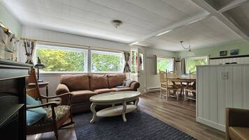 TV, fireplace, books, printers