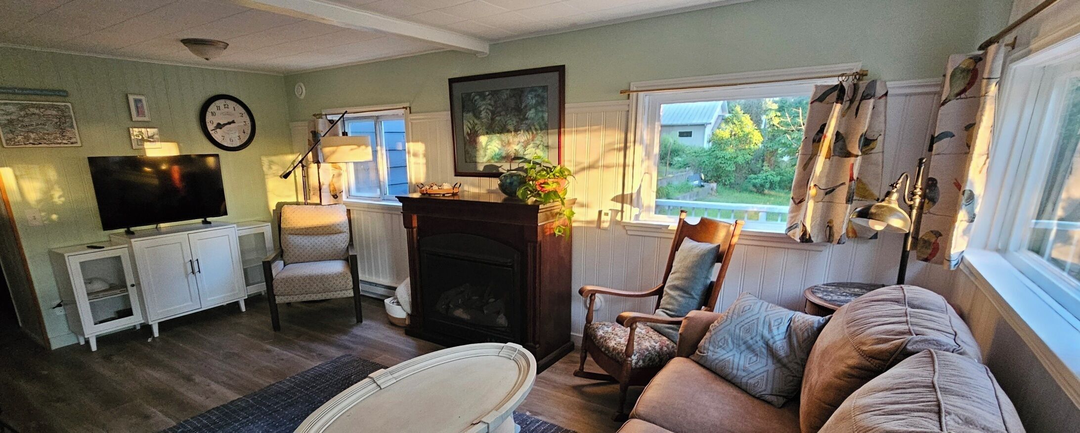 TV, fireplace, books, printers