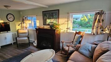 TV, fireplace, books, printers