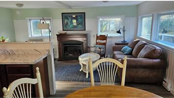 TV, fireplace, books, printers