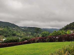 A lush green landscape with rolling hills and a river in the distance.
