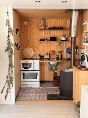Una cocina compacta con paredes de madera, estufa, lavamanos y una pequeña encimera.