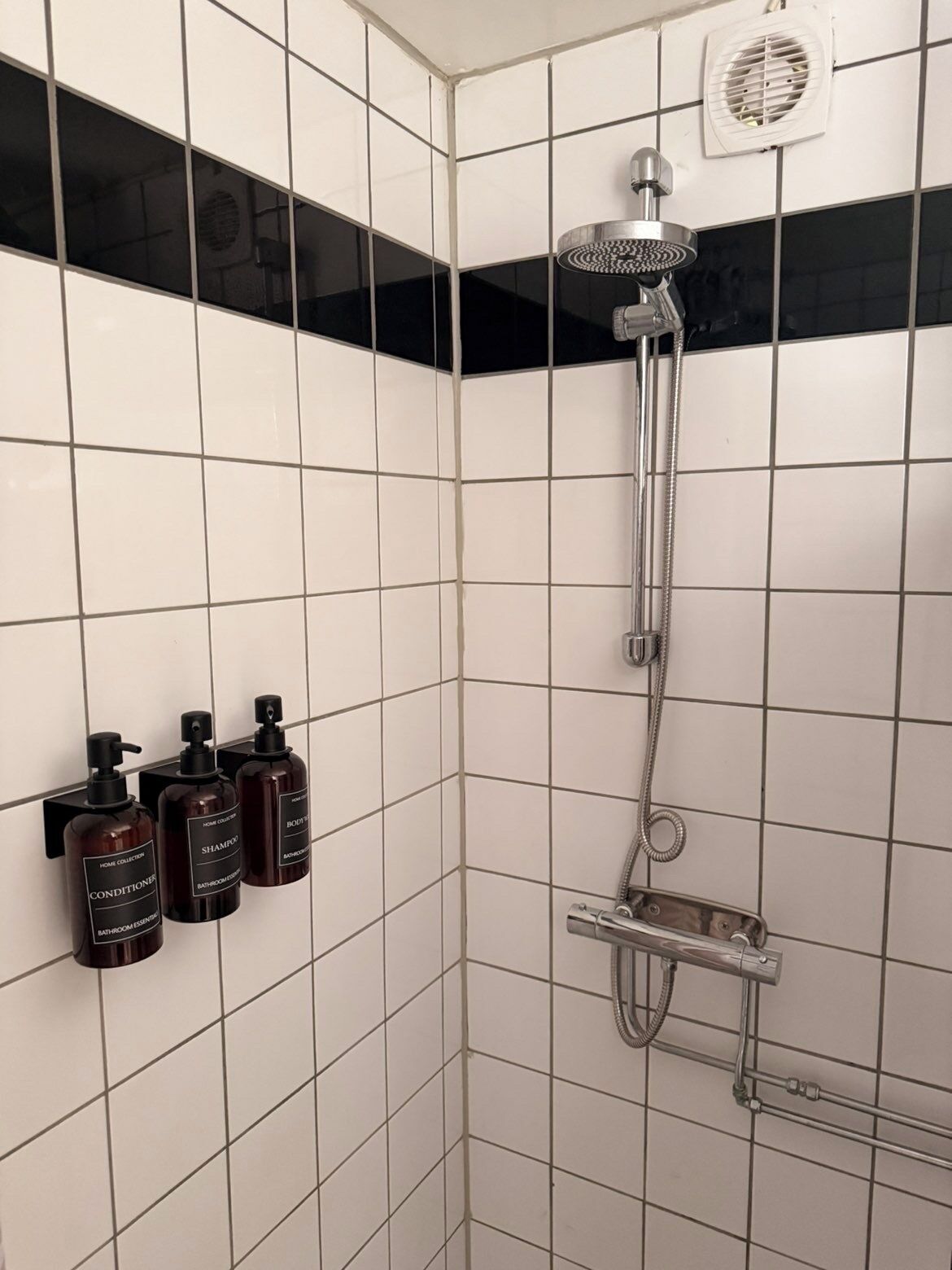 A shower area with a handheld showerhead, a wall-mounted fan, and three bottles of toiletries.