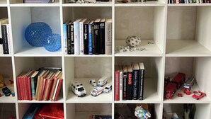 Une bibliothèque contenant divers livres, des objets de décoration et des jouets.