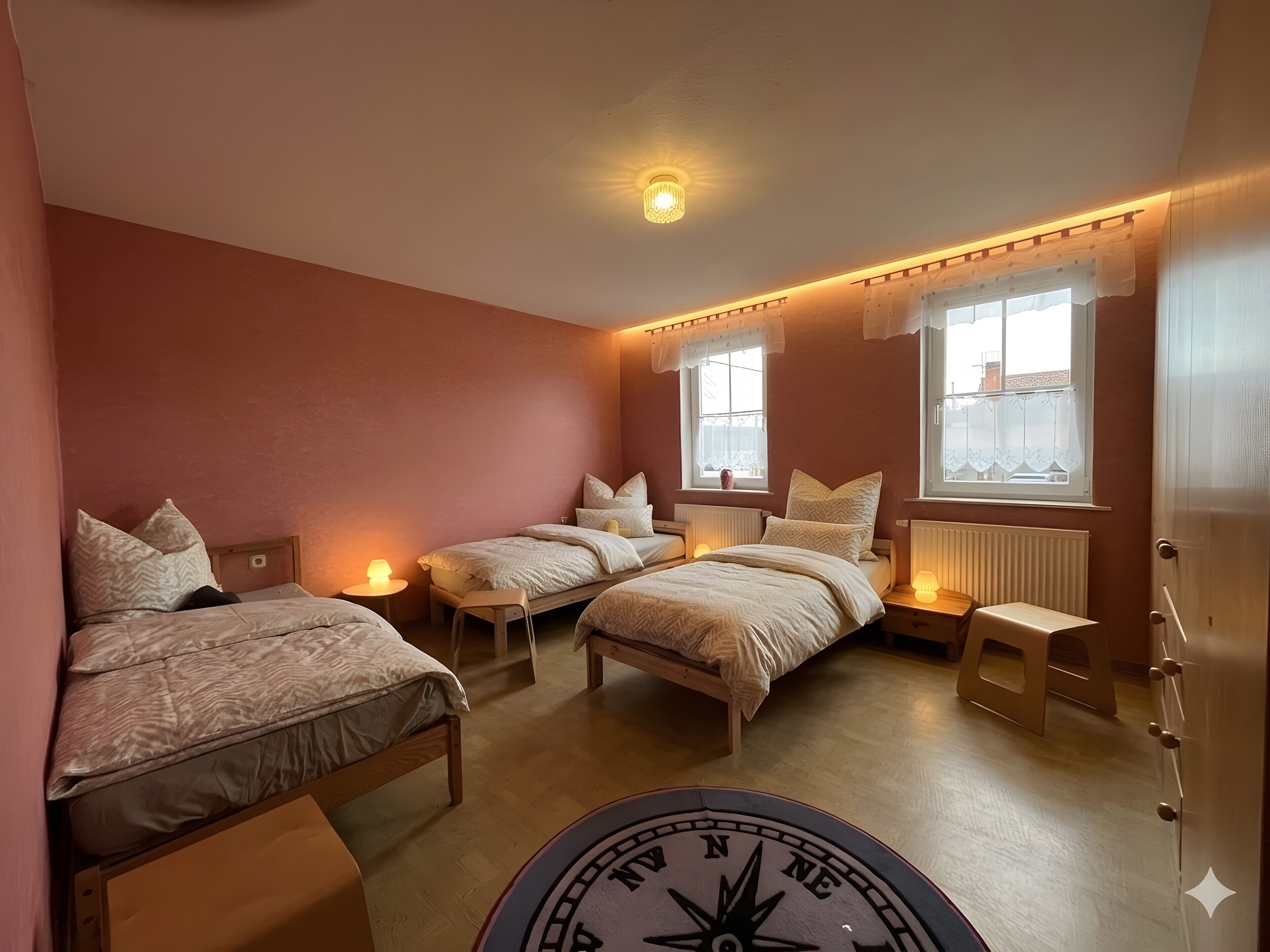 Une chambre avec deux lits, un plancher en bois, un luminaire au plafond et une fenêtre donnant sur un beau paysage.