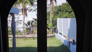 Vista a través de una ventana que muestra una cerca blanca, una palmera y un edificio con balcones.