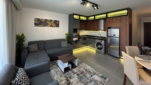 Eine moderne Wohnung mit grauem Sofa, einem kleinen Couchtisch, einem gemusterten Teppich, einer Küche mit Waschmaschine und einem Essbereich mit Tisch und Stühlen.