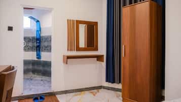 Shower, towels, soap, shampoo