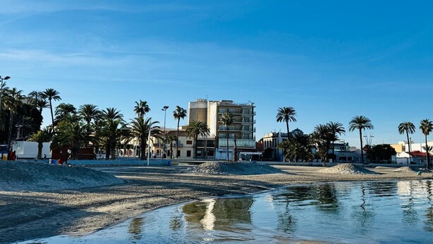 A beach with palm trees, a building, and a calm water body.