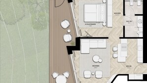 A floor plan of a hotel with a living room, bedrooms, bathroom, and kitchen.