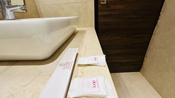 Shower, towels, soap, shampoo