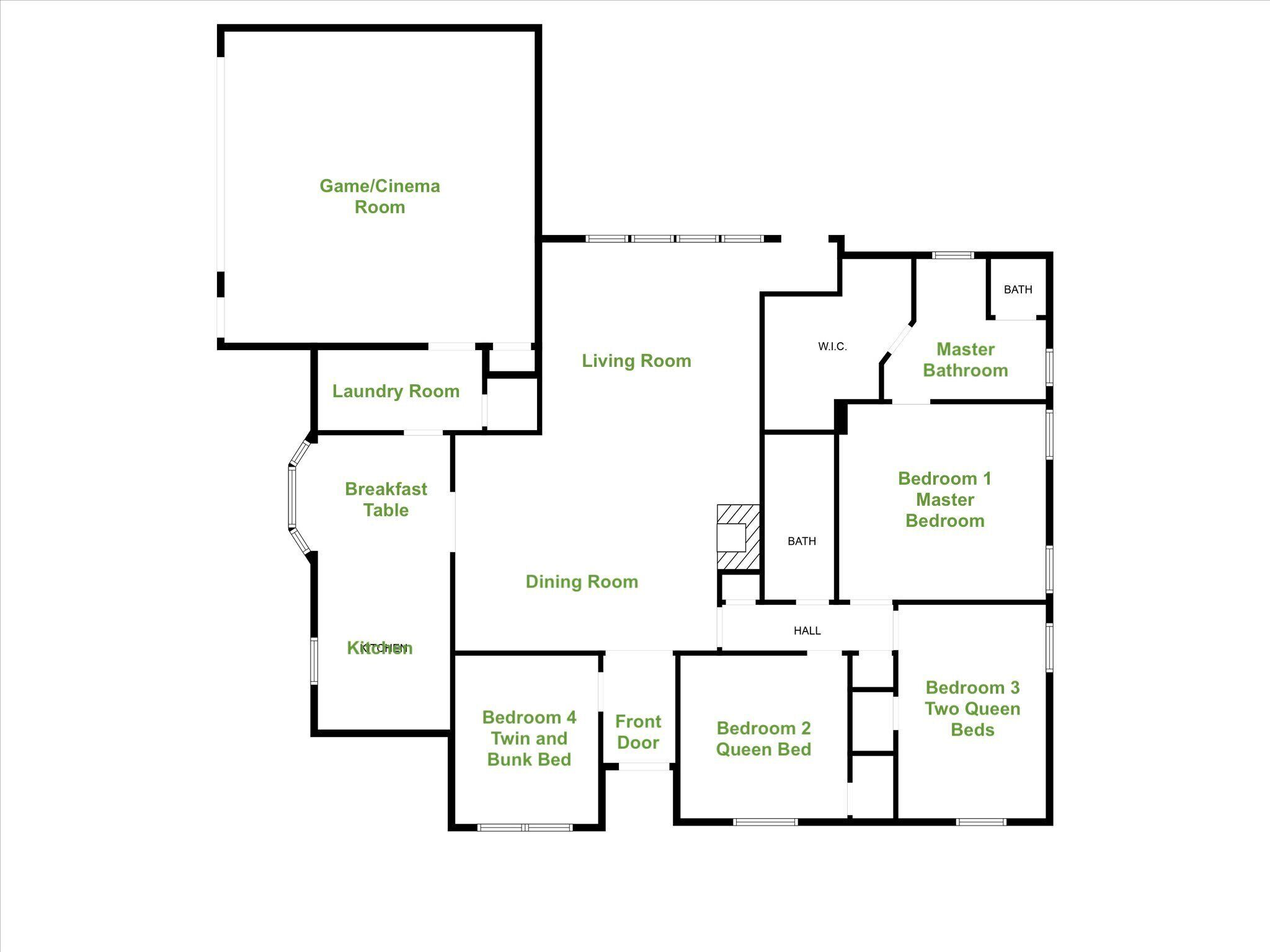 A floor plan with a Game/Cinema Room, Laundry Room, Dining Room, Kitchen, Living Room, Master Bathroom, two Master Bedrooms, a Hall, and three Bedrooms with varying bed configurations.