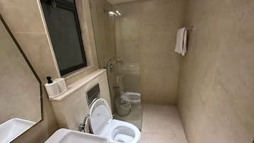 Shower, towels, soap, shampoo