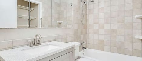 Hair dryer, towels, soap, toilet paper