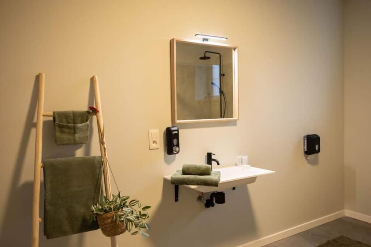 Une salle de bain avec une échelle en bois, une serviette verte, un lavabo avec un miroir au-dessus, et deux distributeurs de savon.