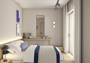 A modern bedroom with a bed, bedside table, lamp, and a large window. - Primavera Villa - 2 Heated Pools & Jacuzzis (Pagkalochori)