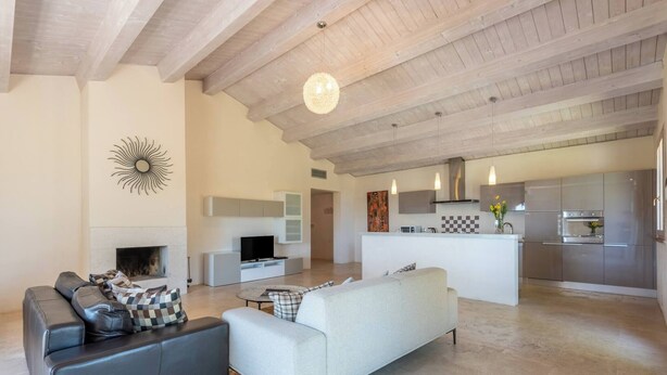Amplia sala de estar con chimenea, un sofá, una mesa de centro y una cocina al fondo.