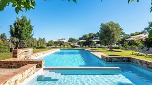 A rectangular swimming pool with stone steps leading into it, surrounded by a stone deck and a grassy area with lounge chairs and umbrellas. - Villa Limone - 3 Bedroom Villa in Tuscany (Trequanda)