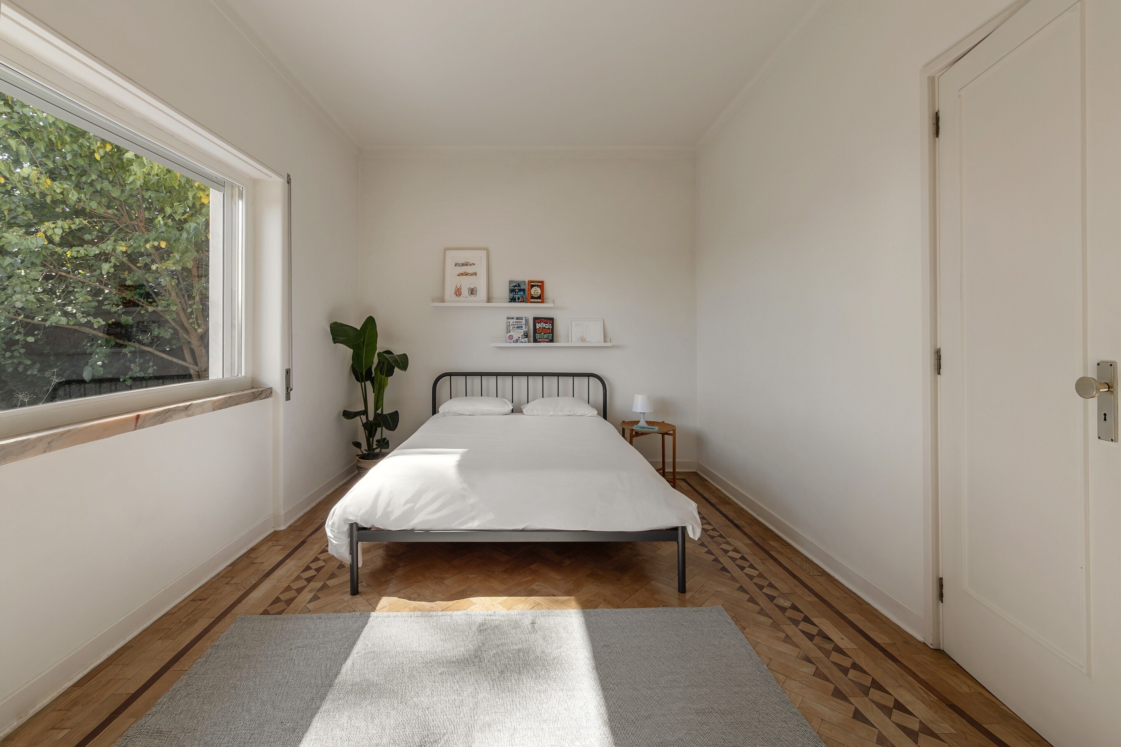 Una camera da letto con un letto, una finestra, una pianta e una porta.