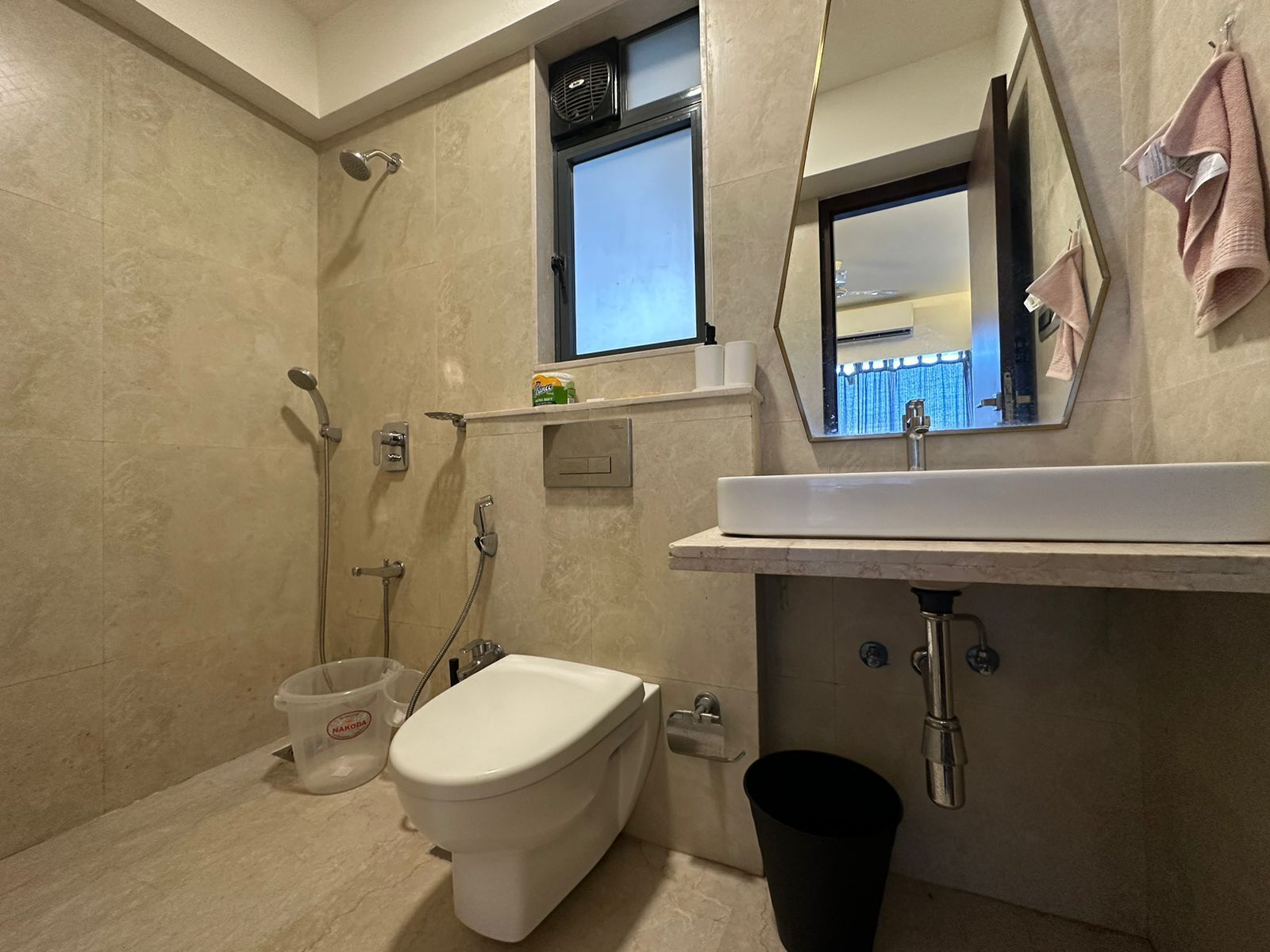 Shower, towels, soap, shampoo