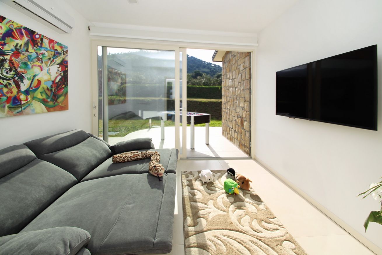 Un soggiorno con un divano grigio, una TV a schermo piatto, un quadro astratto dai colori vivaci e una porta vetrata che dà su uno spazio all'aperto.